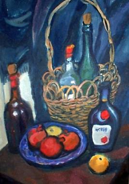 THREE POMGRANATES AND BOTTLES